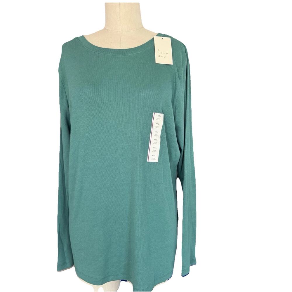 New A New Day Size XXL Green Ribbed Long Sleeve Top Crew Neck